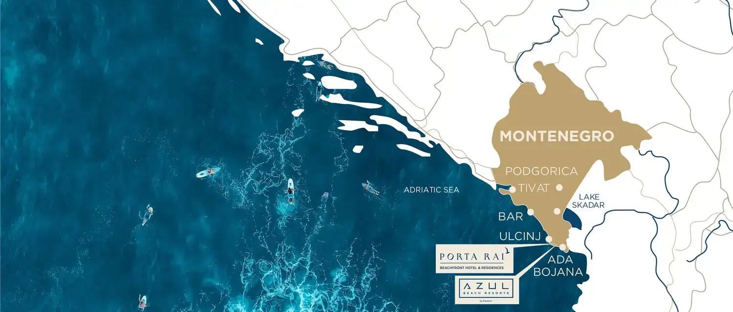 Map of the Montenegrin coast showing Porta Rai near Ulcinj and Ada Bojana, with Bar, Tivat, Podgorica and Lake Skadar